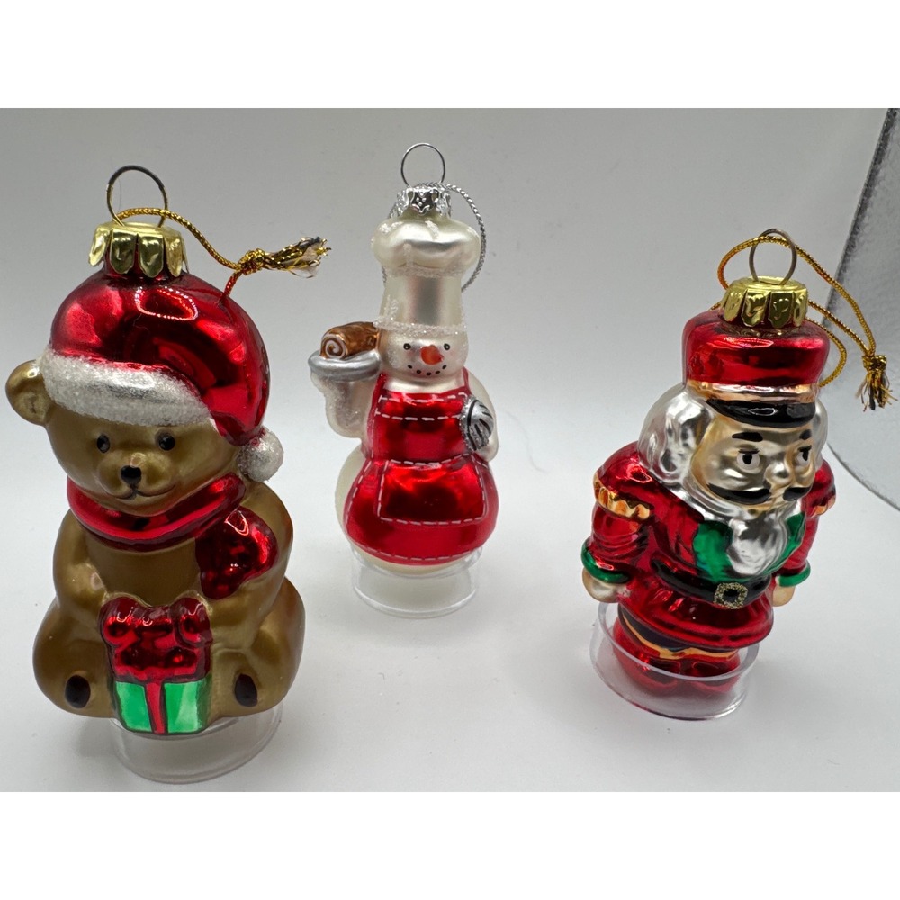 Glass Christmas 3pc Ornaments Set Nutcracker Snowman Baker Teddy Bear 3.5in